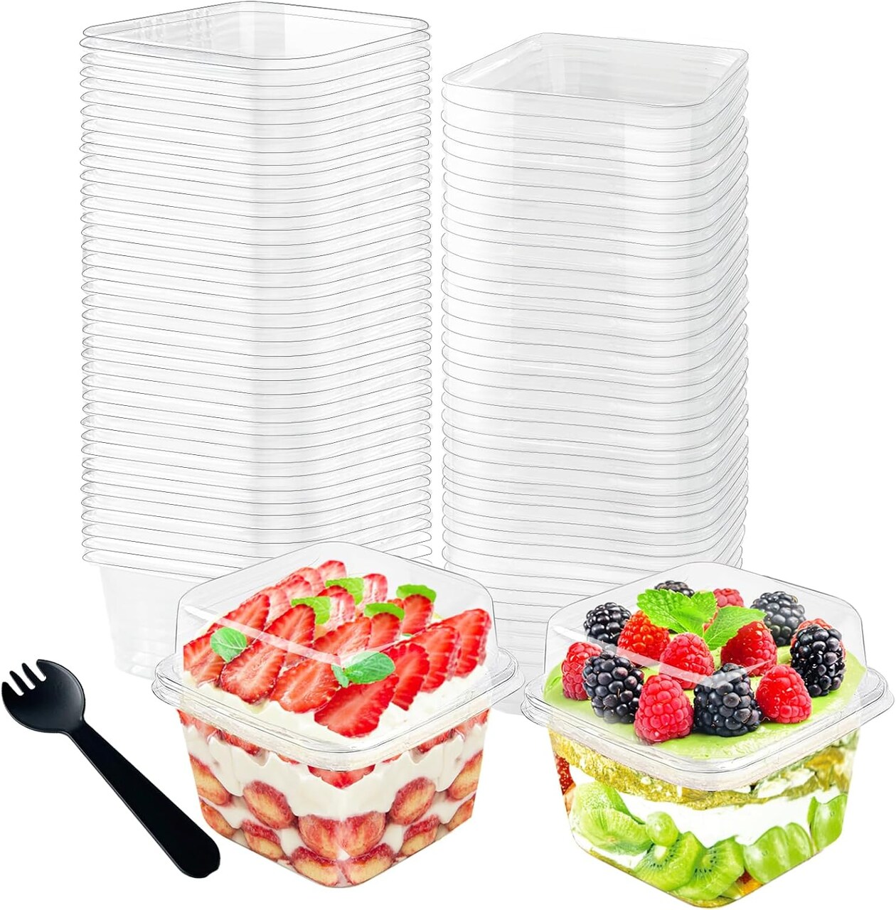 100Pcs 8oz Plastic Dessert Cups with Lids and Spoons,Disposable Parfait Cup Square Cake Containers for Party